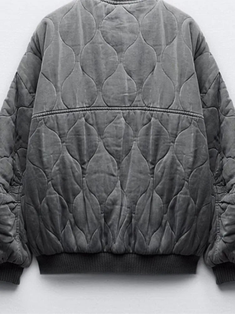 Grey Stand Collar Zipper Women Bomber Cotton Coat Lantern Sleeve Oversized Loose Pocket Jacket Autumn Winter Chic Outwears