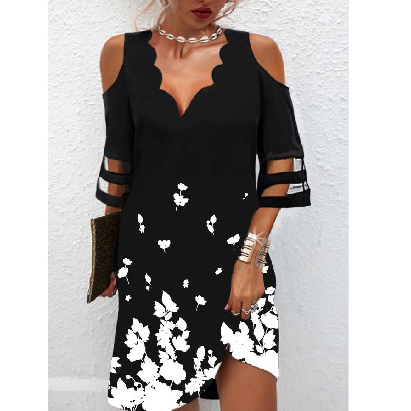 Pbong mid size graduation outfit romantic style teen swag clean girl ideas 90s latina aesthetic Summer V Neck Dress Women Casual Off Shoulder Lace Mesh Patchwork Beach Dress Elegant Floral Print Black Party Mini Dress Robe