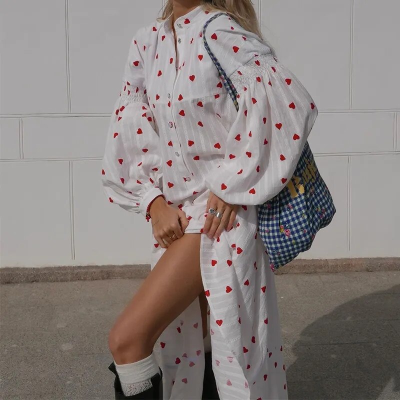 Heart Print Long Sleeve Dresses Loose Cotton Maxi Dress Buttons Mock Neck Vintage Summer Elegant Women Clothing Vestidos