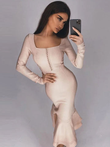 New Autumn Winter Women Apricot Bodycon Bandage Dress Sexy Mermaid Long Sleeve Lady Club Celebrity Runway Party Dress