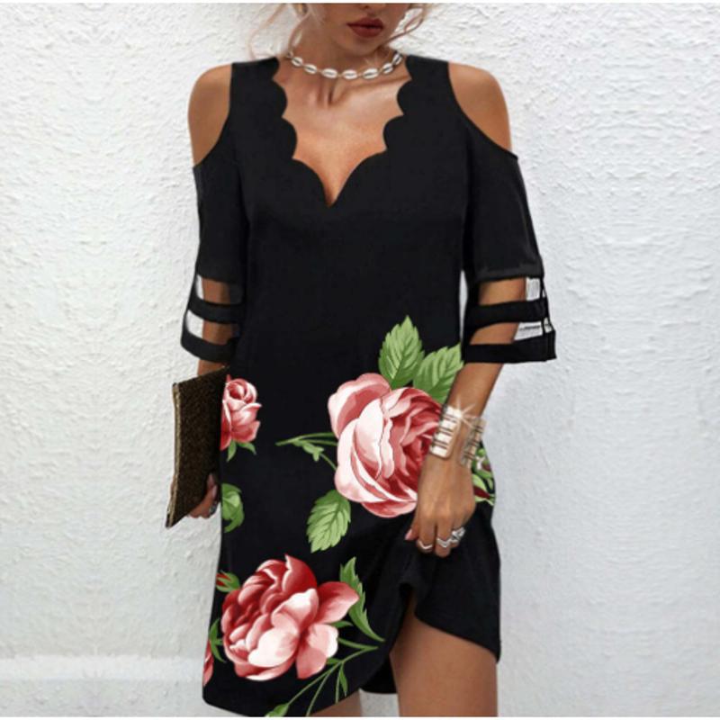 Pbong mid size graduation outfit romantic style teen swag clean girl ideas 90s latina aesthetic Summer V Neck Dress Women Casual Off Shoulder Lace Mesh Patchwork Beach Dress Elegant Floral Print Black Party Mini Dress Robe