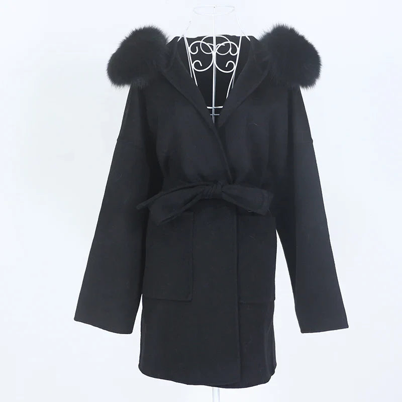New Oversize Loose Cashmere Wool Blends Real Fur Coat Winter Jacket Women Natural Fox Fur Collar Hood Outerwear Belt