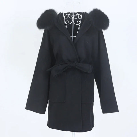 New Oversize Loose Cashmere Wool Blends Real Fur Coat Winter Jacket Women Natural Fox Fur Collar Hood Outerwear Belt