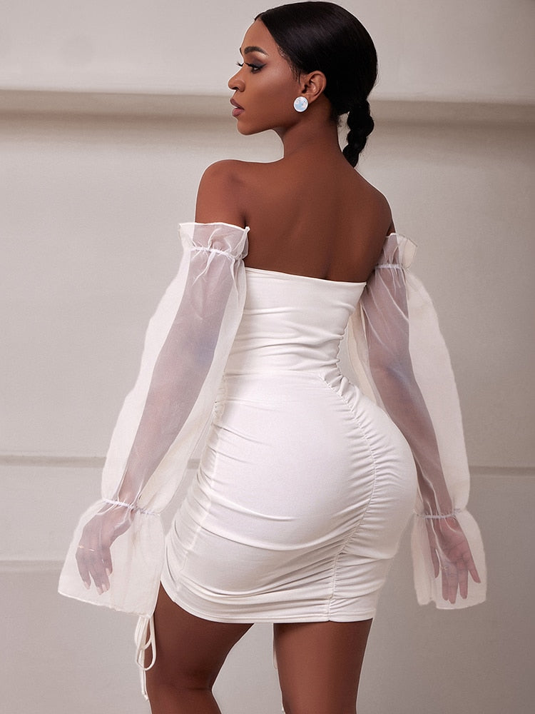 Sexy Sheer Sleeve Evening Party Dress Summer Holiday Birthday Club Partywear White Off Shoulder Mini Short Dresses Women