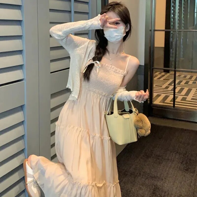 Korean Fashion Summer Strap Dresses For Women Y2k Chic Sleeveless Lace-Up Loose Pink Casual Midi Dress Elegant Sukienka