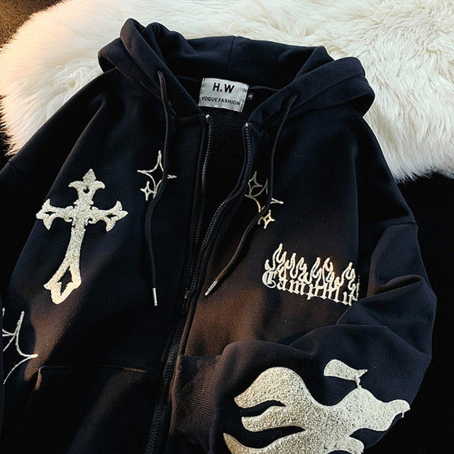 Harajuku Letter Embroidery Hoodies Women Long Sleeve Zip Up Oversize Gothic Hooded Sweatshirts Y2K Retro Angel Ears Jacket Coats