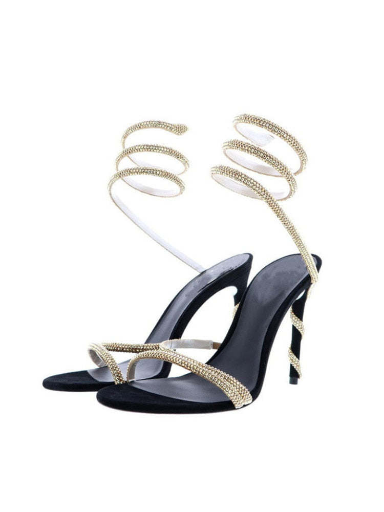 Round Head Rhinestone Slotted High Heel Sandals Fashion Open Toe Slim Heel Sexy Dress Women's Large Sandals