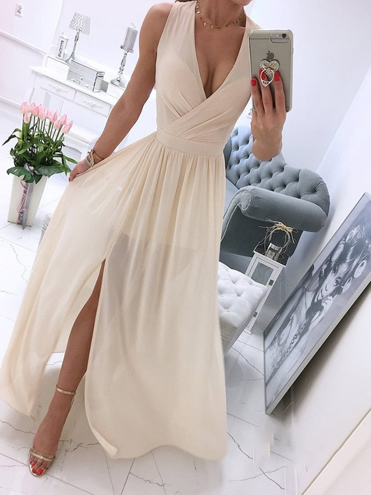 New Sexy V-Neck Women Sleeveless Solid Party Dress Casual Draped Festive Dress Elegant Summer Chiffon Wrap Slit Maxi Dress Mujer