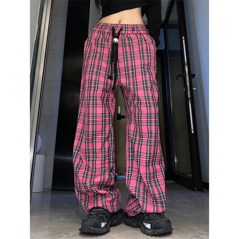 Harajuku Pink Plaid Pants Women Cyber Y2K Egirl Wide Leg Checked Trousers Female Oversize Streetwear Edgy Style Sweatpants