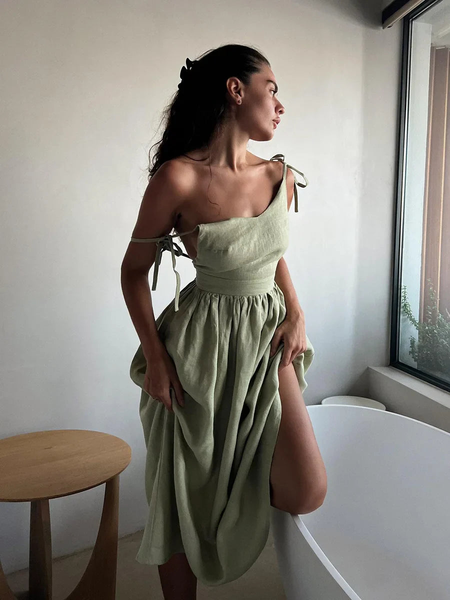 Fashion Cotton Linen V-neck Suspender Dress Women Dress Spring New Elegant Sexy Strap Backless Suspender Long Maxi Dress