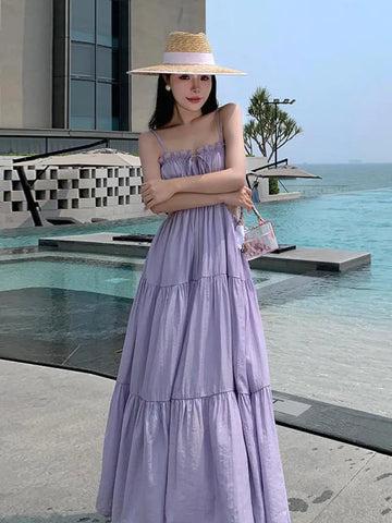 Women Sleeveless Slip Long Dress New Summer Elegant Boho Holiday Beach Dress Solid V-neck Pleated Bandage Dresses Backless