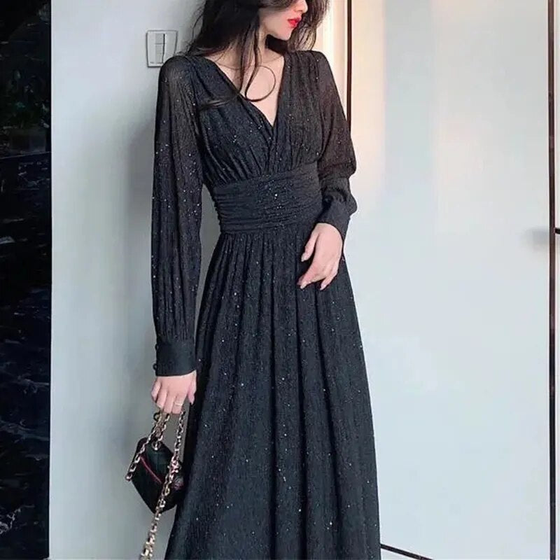 Spring Autumn V-neck Elegant Fashion Sequins Dresses Women Long Sleeve Temperament Evening Party Maxi Dress Robe Femme Vestidos