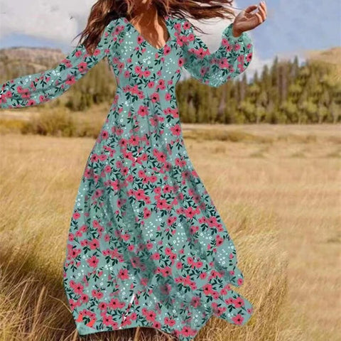 Floral Chiffon Fashion High Quality Maxi Dress Boho Women V-Neck Retro Holiday Leisure Long Sleeved Beach Temperament Lady Robe