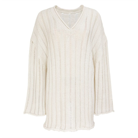 V-Neck Oversized Women's Sweater Long Sleeve Hollow Out Striped Knit Tops Winter Trend Casual Loose Pullover Sweaters