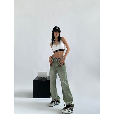 Women's Green Jeans Vintage Washed Multiple Pockets Wide Leg Pants Casual Street High Waist Baggy Denim Trouser Ladies Summer