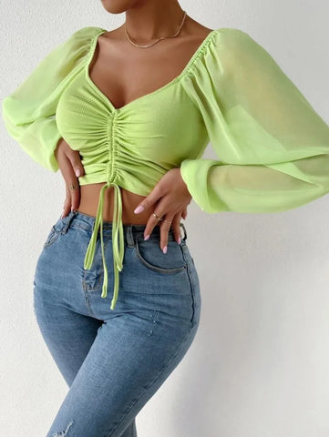 Woman's Tops Puff Sleeve Sexy Close-Fitting Summer and Spring Lace up V-neck Fashion Solid Color Simple Long Sleeve Hot