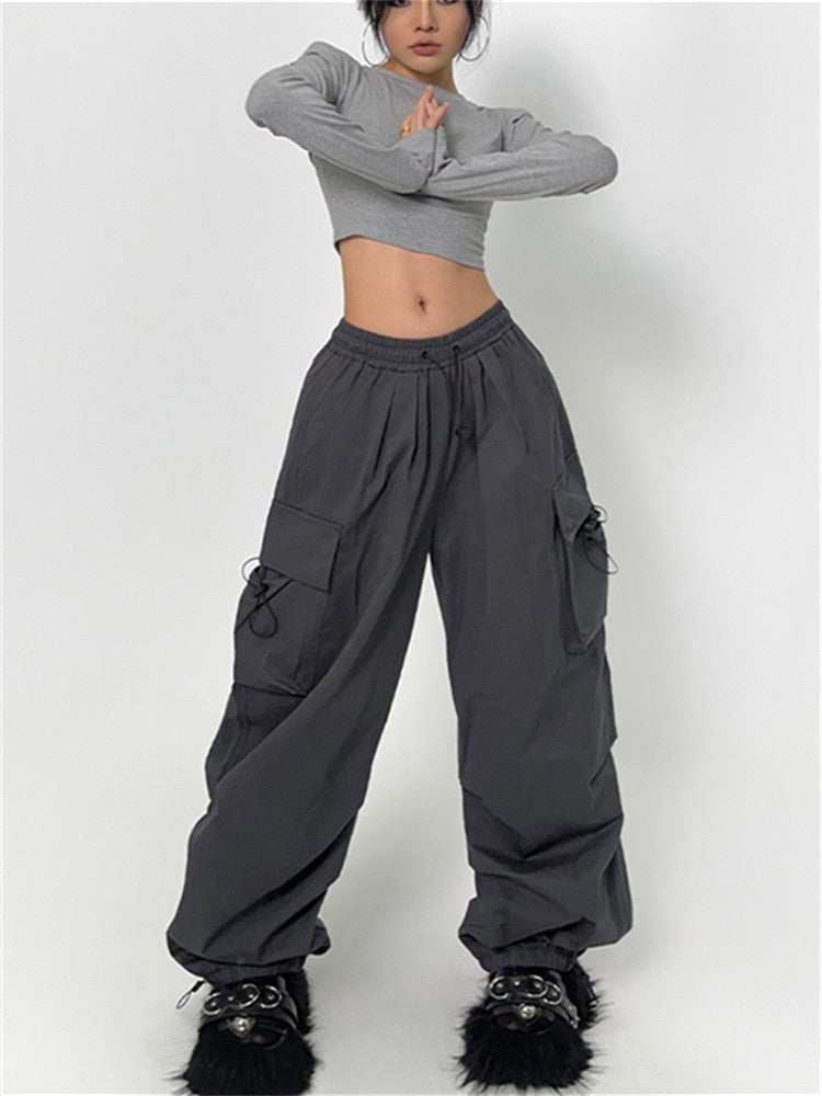 Cyber Y2K Red Parachute Pants Women Hip Hop Streetwear Gray Cargo Trousers Oversized Egirl Punk Black Wide Leg Pantalones