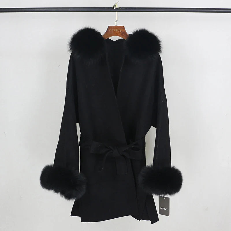 New Oversize Loose Cashmere Wool Blends Real Fur Coat Winter Jacket Women Natural Fox Fur Collar Hood Outerwear Belt