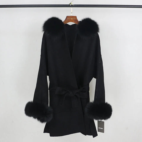 New Oversize Loose Cashmere Wool Blends Real Fur Coat Winter Jacket Women Natural Fox Fur Collar Hood Outerwear Belt