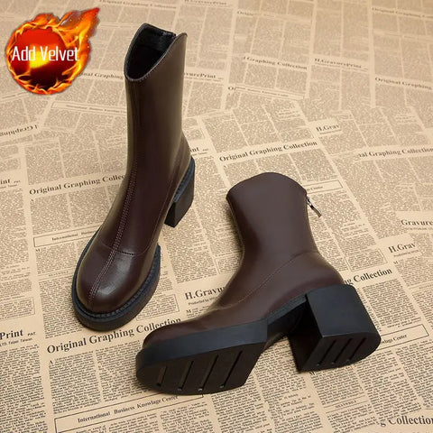 Footwear Waterproof Booties Chunky Short Shoes for Women Platform Very High Heels Female Ankle Boots Round Toe Heeled Quality Pu