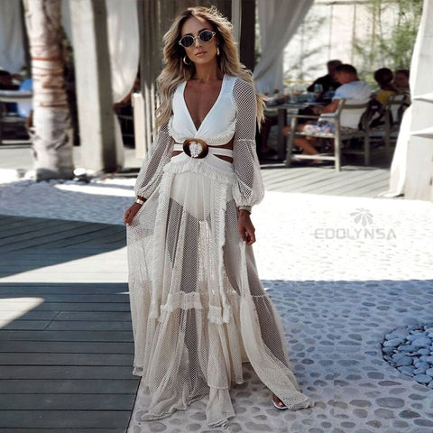 Pbong mid size graduation outfit romantic style teen swag clean girl ideas 90s latina aestheticSexy Deep V-neck Cut Out Long Sleeve Maxi Dress Long White Lace Tunic Women Clothes Summer Beach Wear Swim Suit Cover Up A1049