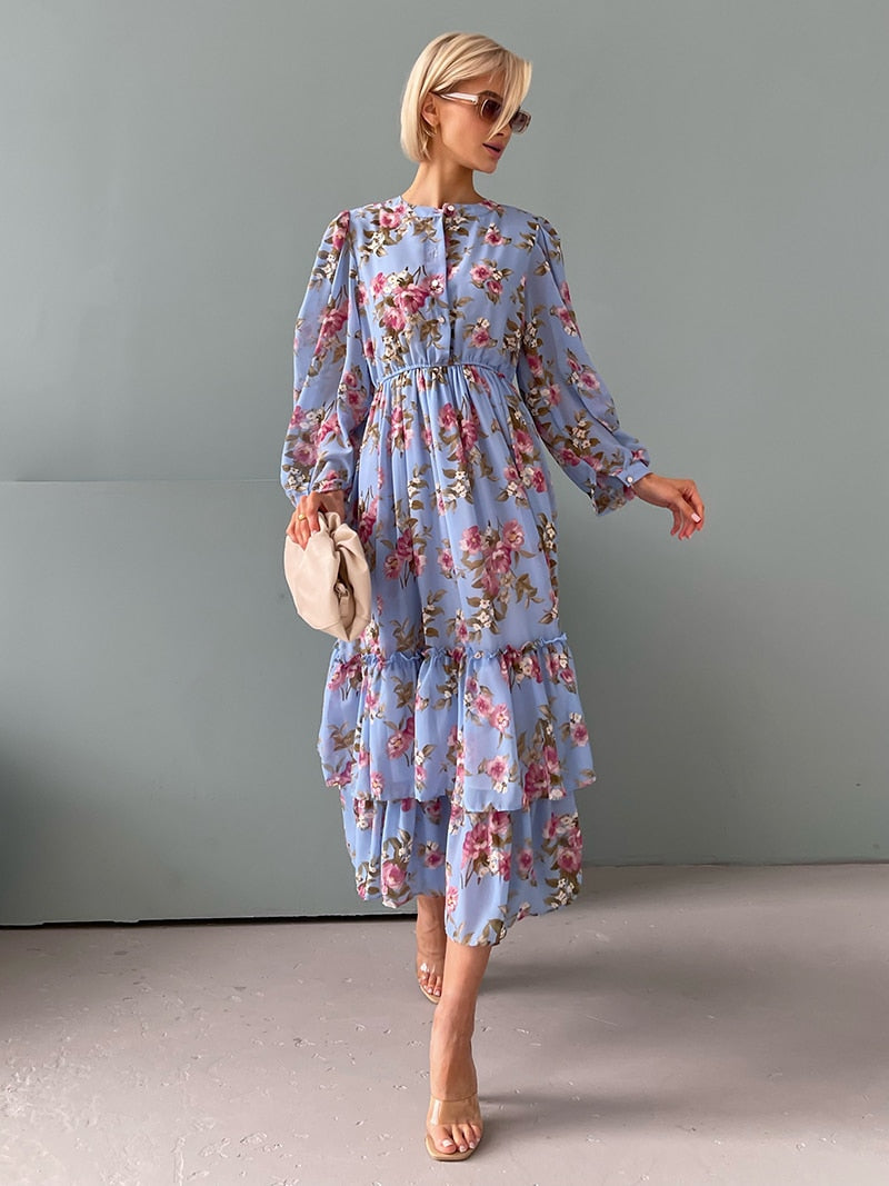 Elegant Pleated Long Sleeve Chiffon Evening Dresses Women Pink Blue Black White Floral Beach Long Maxi Summer Dress Women