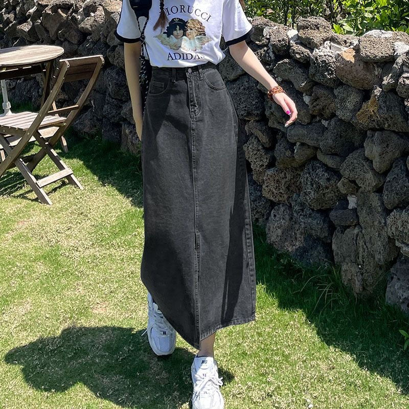 Vintage High Waist Women Denim Midi Skirt Summer Korean Thin Section Slit A Line Skirts Fashion Casual All Match Denim Skirts