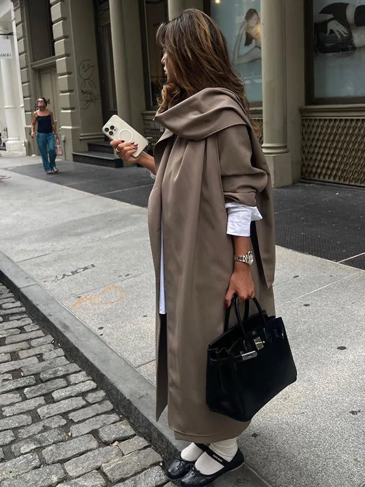 Lapel Collar Long Sleeve Women Long Coat With Scarf Double Breasted Oversized Loose Female Overcoat Chic Autumn Winter Top