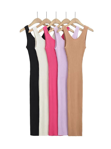 Women Backless Sleeveless Midi Dress Summer Knitted Elegant 5 Colors Elastic Slim Dresses