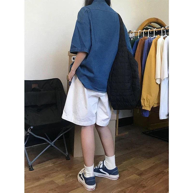 Streetwear Pure Cotton Shorts Women Harajuku Oversized Cargo Shorts Summer Korean Black White Wide Leg Sports Short Pants