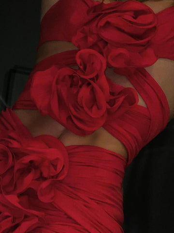 Elegant Flower Hollow Out Ruched Mini Dress For Women Robe Summer New Spaghetti Strap Backless Skinny Party Dress