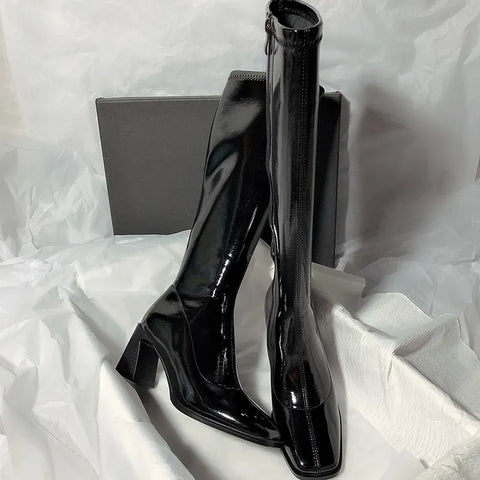 Patent Leather High Heels Long Boots Women  Autumn Square Toe Knee-high Botas Woman Side Zipper Thick Heeled Shoes Female