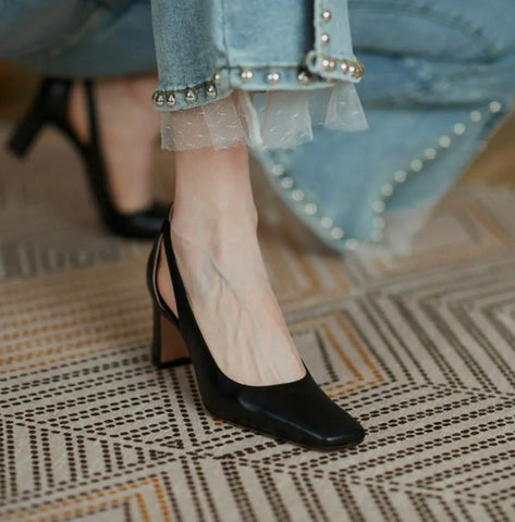 Ladies Summer Footwear High Heels Square Shoes for Women  Black on Heeled Pumps Toe Normal Leather Casual Fashion Offer Sale