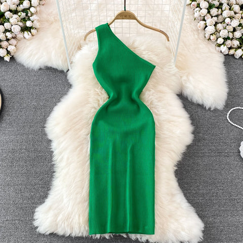 Sexy One Shoulder Crochet Bodycon Dress Chic Knitted Elegant Midi Vestidos Fashion Party Club Dresses Slim Goth Women Sundress