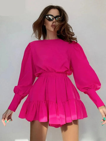 Sleeve High Waist A-Line Pleated Women'S Dress Casual O Neck Pink Mini Dresses Autumn Sexy Long Sleeve Robe