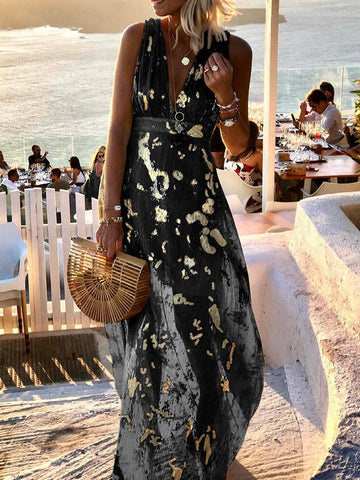 Summer Hollow High Waist Hem Tank Dress Elegant Gold Print Sleeveless Long Dress Sexy Deep V Neck Off Shoulder Boho Party Dress