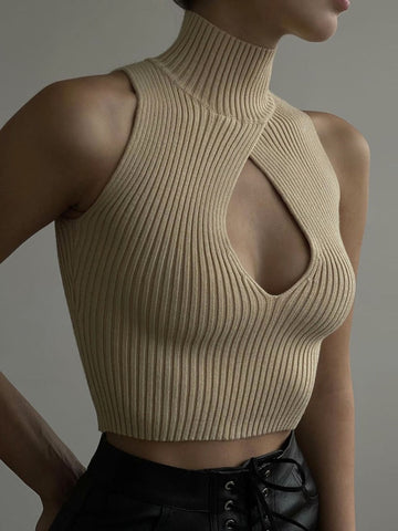 Sexy Cut Out Cropped Tops for Women Knitted Turtleneck Short Tank Tops  Sleeveless Slim Sweater Ladies Casual Vest