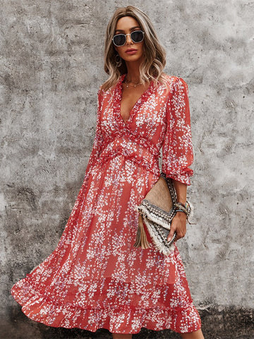 Sexy V Neck Floral Dress Ladies Butterfly Sleeve High Waist Casual Print Dresses For Women Summer Chiffon Dress