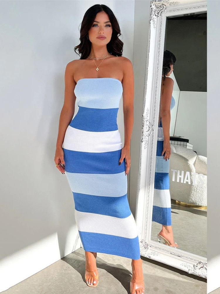 Contrast Colors Strapless Knit Midi Dress For Women Robe Patchwork Off-shoulder Backless Bodycon Sexy Long Dress