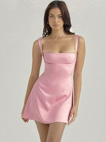 Birthday Dress For Women A-Line Pink Dress Sexy Satin Holiday Party Dresses Mini Casual Spaghetti Strap Graduation Dress Stretch