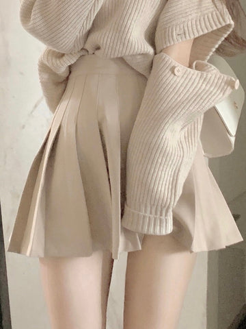 Harajuku Vintage Sweet V-neck Wool Sweater and Pleated Mini Skirt Folds Two Piece Sets Womens Festival Outifits Winter