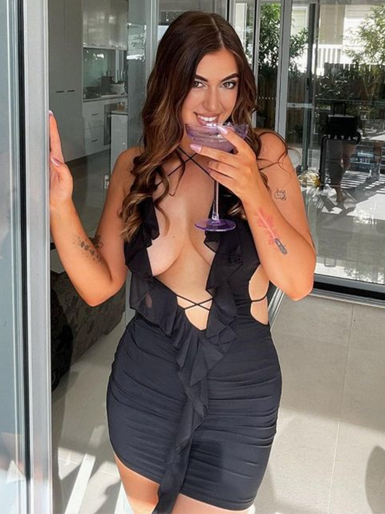 Deep V Halter Pleated Sexy Dress Women High Stretch Backless Mini Summer Dress Elegant Party Dresses Vestidos