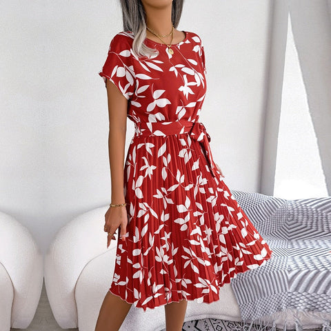 Fashion Floral Pleated A Line Long Dress Women Spring Summer Short Sleeve High Waist Chic Dress