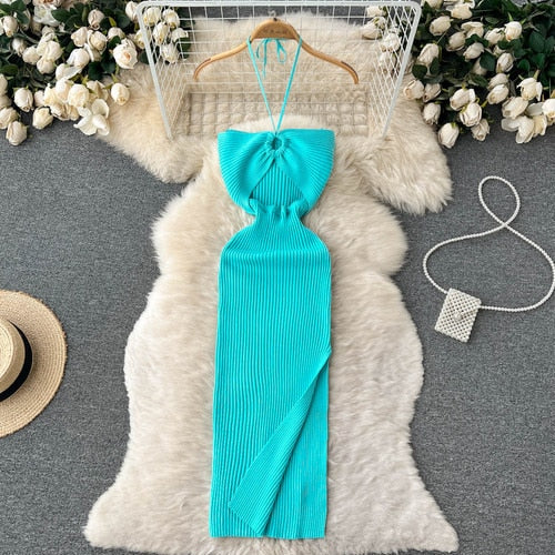 Sexy One Shoulder Crochet Bodycon Dress Chic Knitted Elegant Midi Vestidos Fashion Party Club Dresses Slim Goth Women Sundress