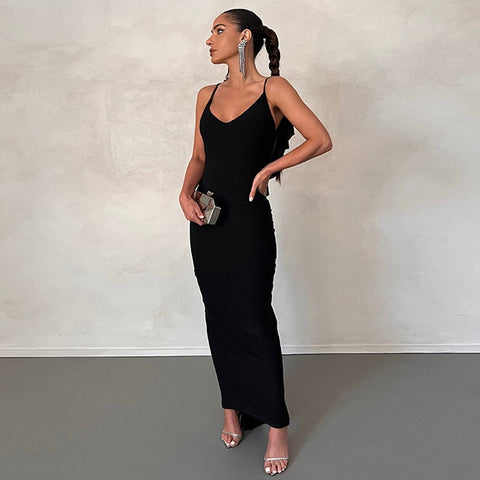 Orange Ruffles Maxi Dress Elegant Sexy Backless Ruched Bodycon Party Dress  Women Straps Sleeveless Club Evening Dress