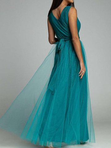 New Solid Lace Mesh Ladies Robe Dress Sexy Sleeveless Folds Maxi Birthday Dress Fashion V Neck Tunic Bandage Party Evening Dress