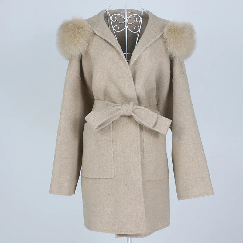 New Oversize Loose Cashmere Wool Blends Real Fur Coat Winter Jacket Women Natural Fox Fur Collar Hood Outerwear Belt