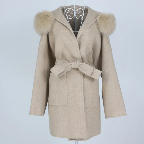 New Oversize Loose Cashmere Wool Blends Real Fur Coat Winter Jacket Women Natural Fox Fur Collar Hood Outerwear Belt
