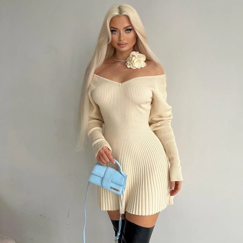 Elegant Knitted Sexy Club Women Dresses Long Sleeve Slash Neck Fashion Streetwear Solid Sheath Bodycon Vestidos Female