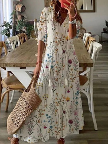 Sexy Women V Neck Party Dresses Vintage Printed Boho Long Dresses Elegant Flying Sleeve Fashion Sexy Slim Maxi Dress Mujer